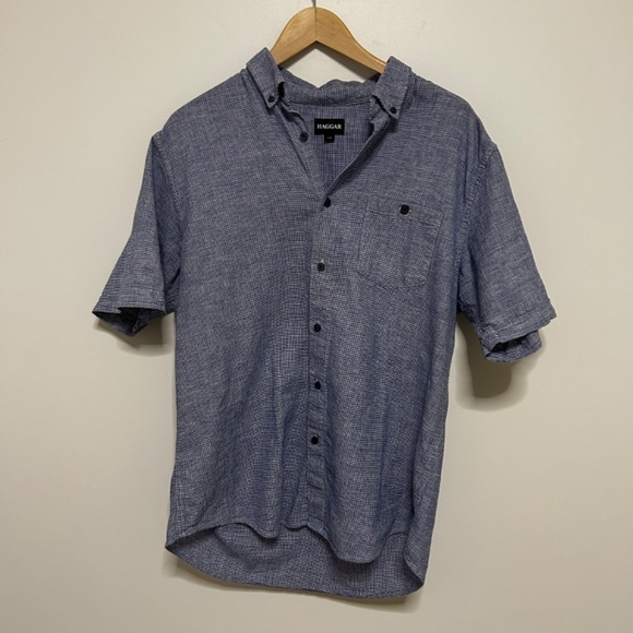 Haggar Mens Large Linen Blend Short Sleeve Button Up Shirt Blue & White Casual - Picture 1 of 10